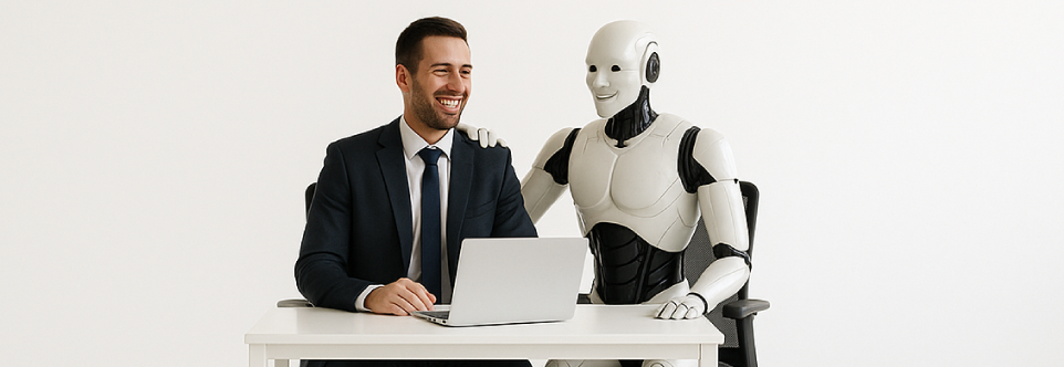 AIVOLUTION εικόνα με άνθροωπο που συνεργάζεται με AI ROBOT