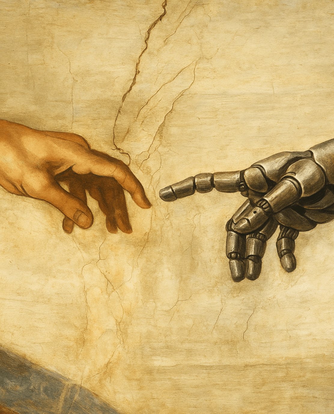 AIVOLUTION ένα ανθρώπινο χέρι πλησιάζει ένα airoboto χέρι